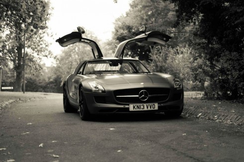 Mercedes Benz SLS AMG GT Monza Grey Review - Front Doors Up Angle - carwitter