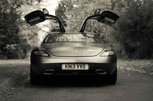Mercedes Benz SLS AMG GT Monza Grey Review - Rear Doors Up - carwitter