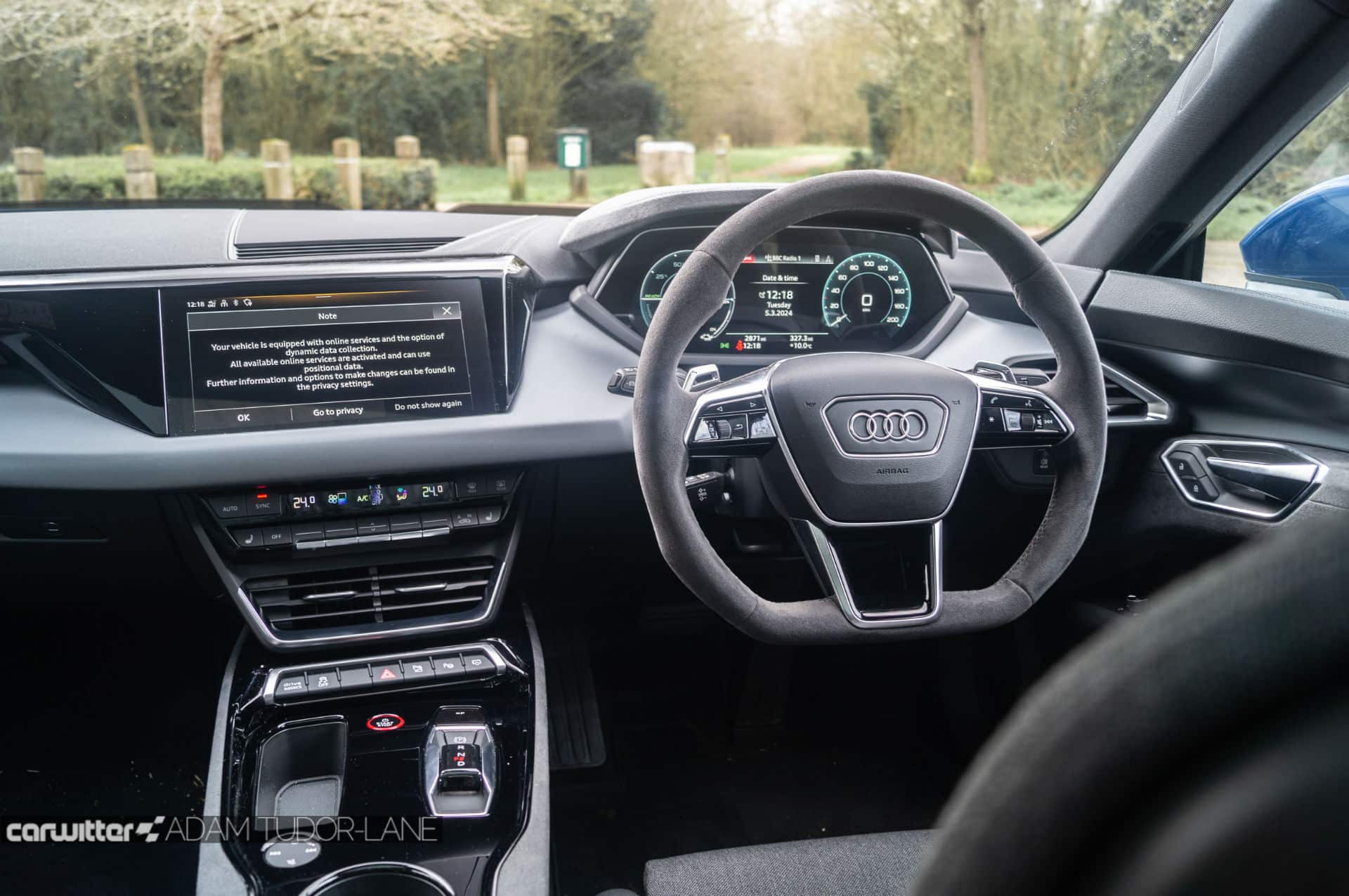 2023 Audi e-tron GT quattro steering wheel and dashboard infotainment
